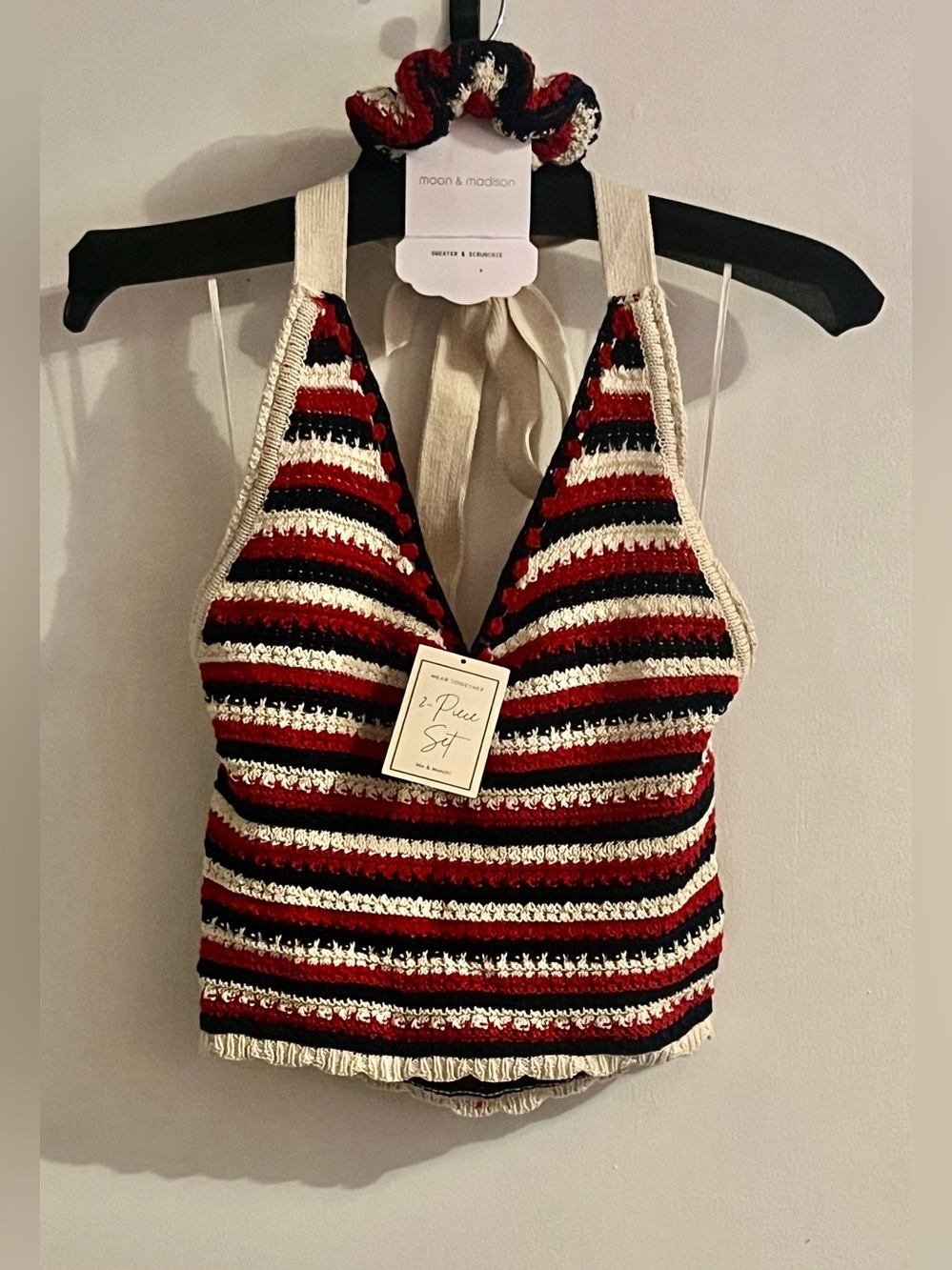 NWT Moon & Madison Striped Knit Halter Top & Scrunchie Set ~ Size Medium